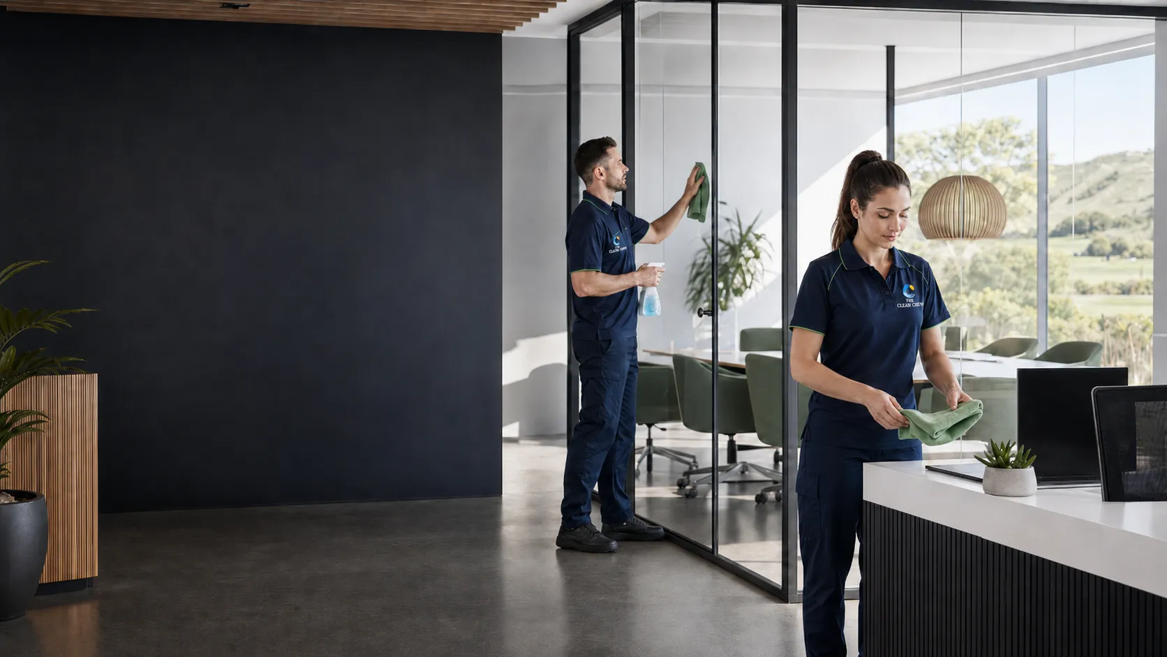 Two professional cleaners preparing a modern Hawke's Bay workplace