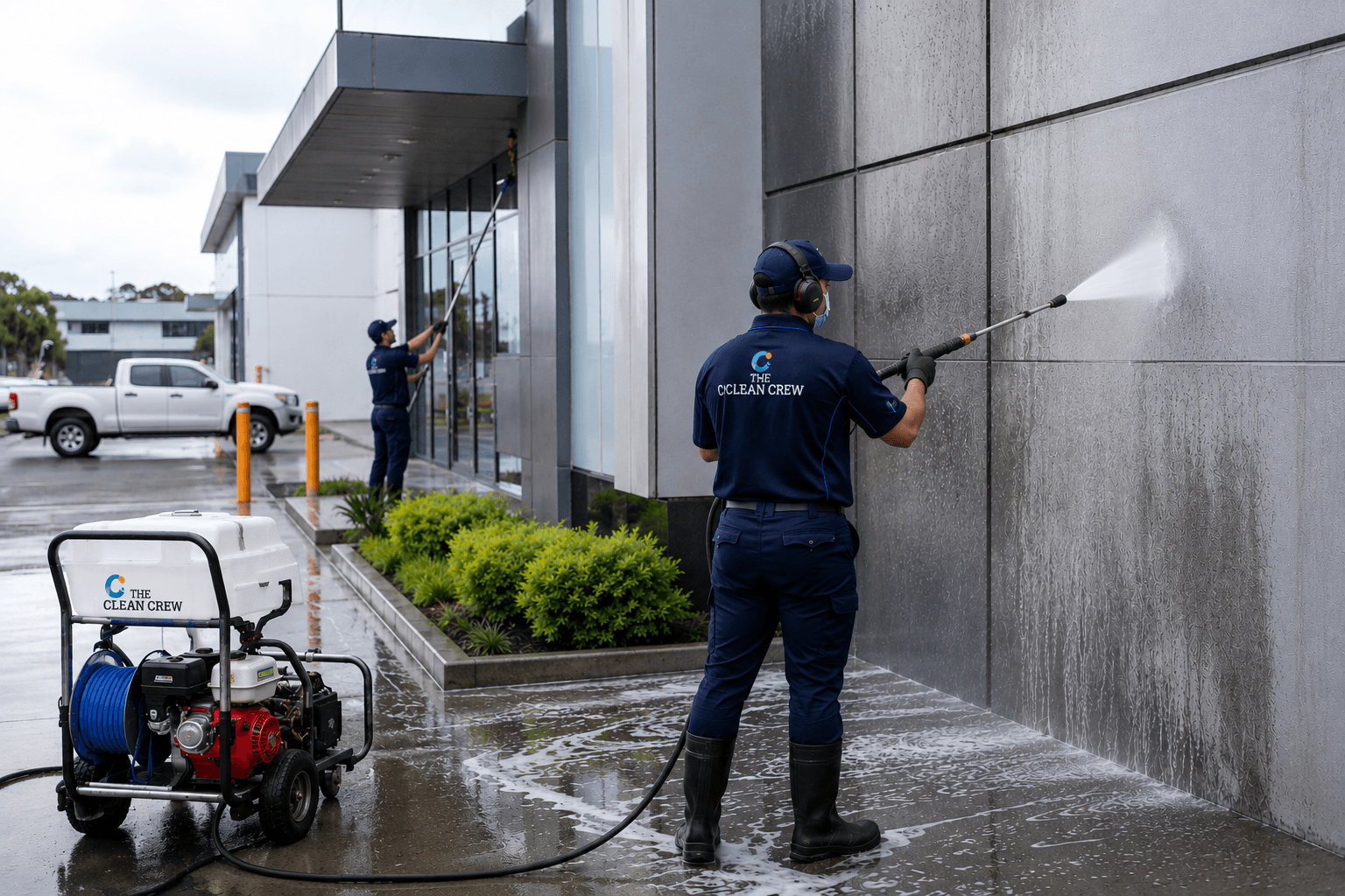 The Clean Crew performing building pressure washing in Hawke's Bay