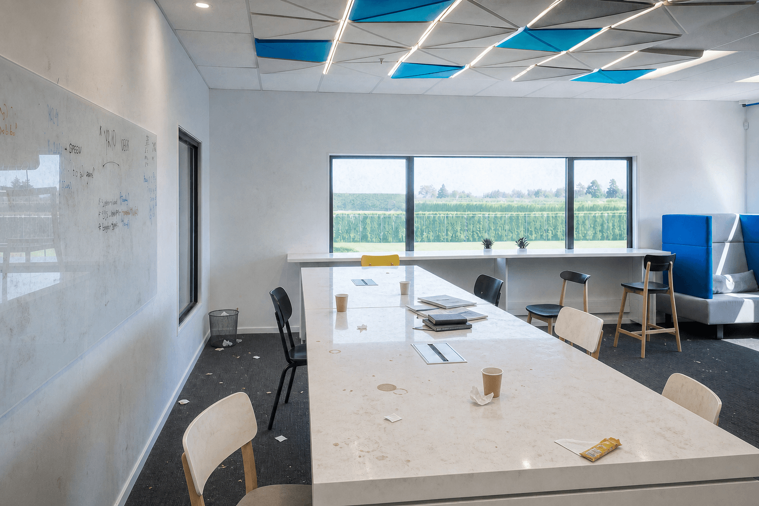 Untidy commercial meeting room before professional cleaning